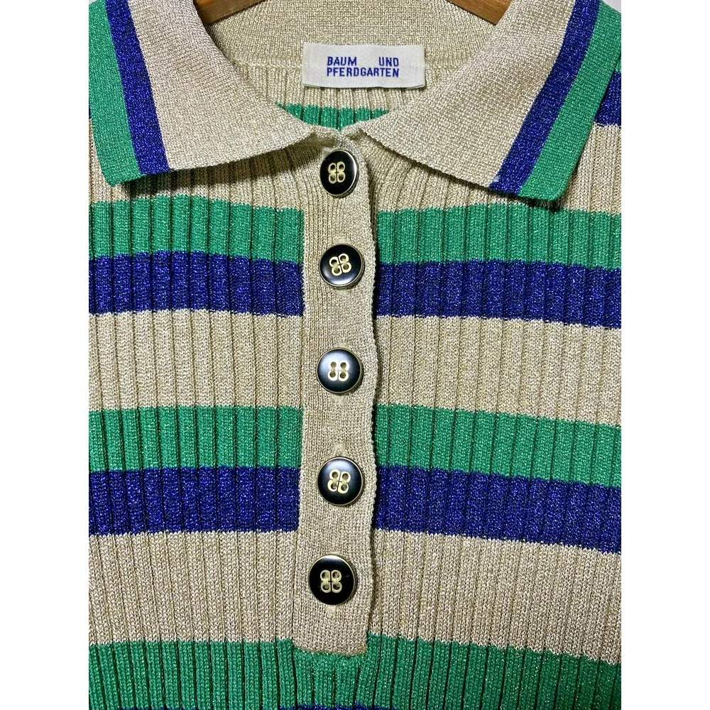 BAUM UND PFERDGARTEN Cliantha Polo Knit Top Size 4 Metallic Striped L/S Sweater